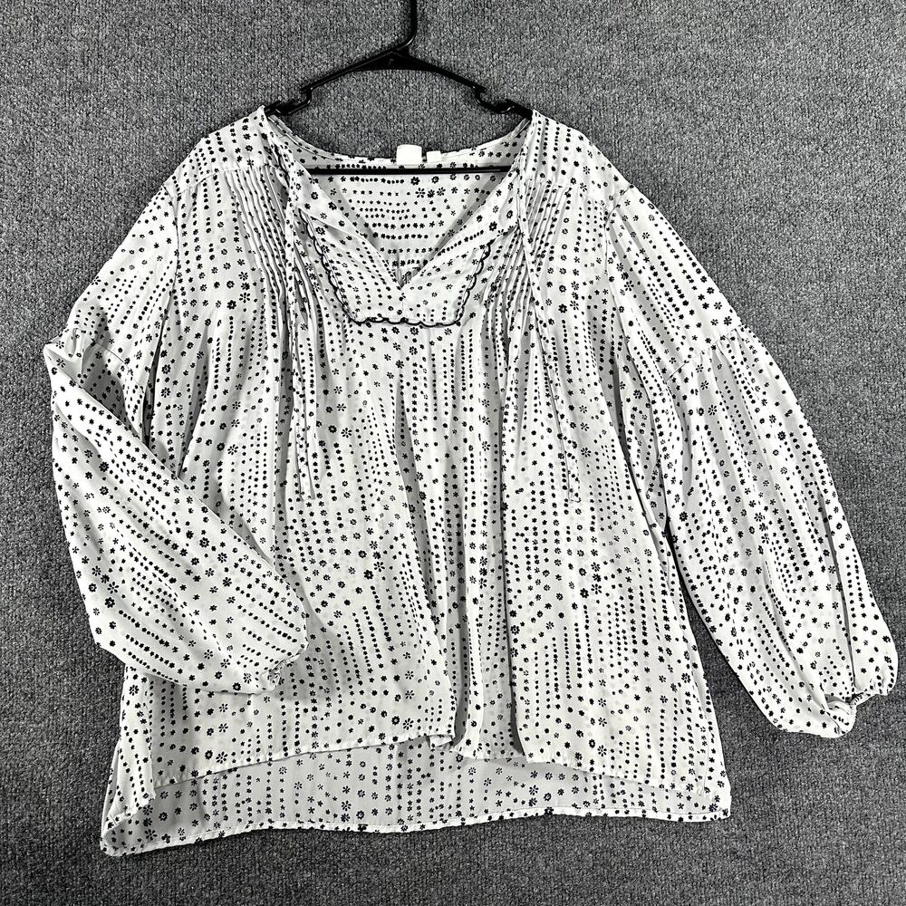 GAP Women's XL Boho Peasant Blouse Ivory Navy Floral Pintuck Balloon Sleeve